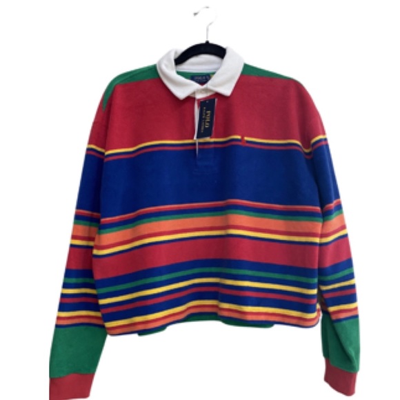 Polo Ralph Lauren Tops - Polo Ralph Lauren Striped Crop Long Sleeve Oversized Terry Rugby Shirt Women M